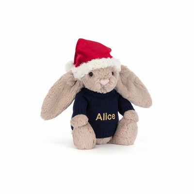 Jellycat Bashful Christmas Bunny with Navy Jumper New Zealand | ZDJXT6453